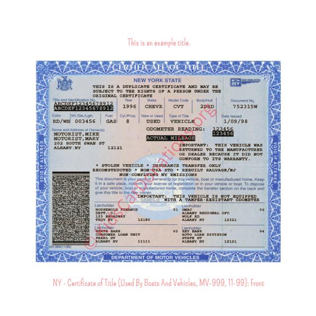 This is an Example of New York Certificate of Title (Used By Boats And Vehicles, MV-999, 11-99) Front View | Kids Car Donations